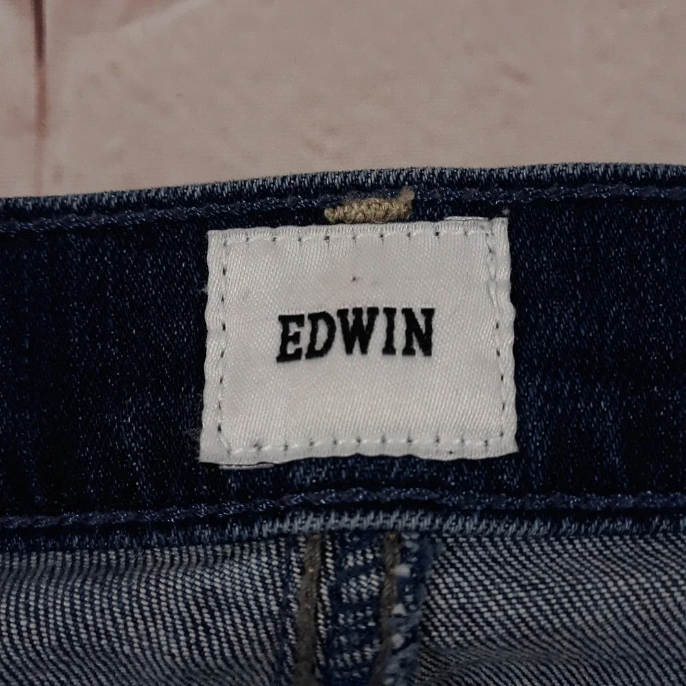 Edwin Jeans Size 32 x 26.5 Blue Cotton Blend Made In USA Frayed Cuff Tapered